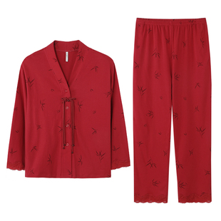 达尔丽红色本命年睡衣女纯棉长袖中式国风新款竹子印花家居服套装