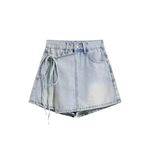 女大童假两件牛仔短裤裙夏季高腰不规则绑带裙裤青少女辣妹牛子裤