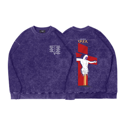 TEE7-日系动漫eva莉莉丝圆领卫衣水洗做旧复古美式重磅纯棉宽松