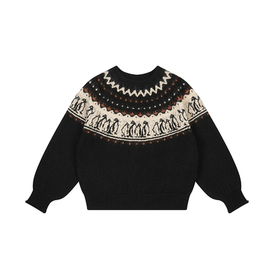 LLANO圆领针织法式复古企鹅提花