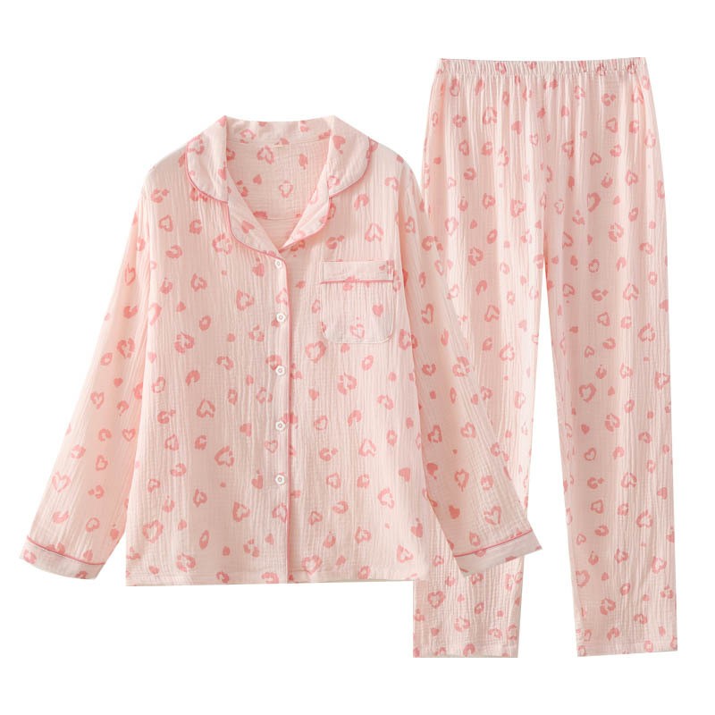 纯棉绉布女长袖翻领开衫家居服