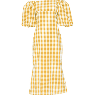 夏季女装2026新款减龄黄色格纹泡泡袖修身收腰显瘦连衣裙大码长裙