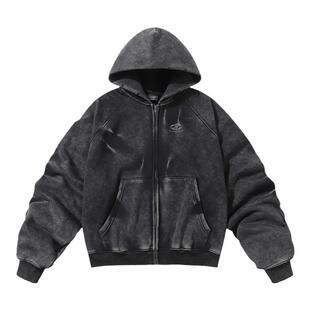 BTSG美式复古做旧渐变褶皱堆积感加绒连帽卫衣国潮拉链开衫外套男