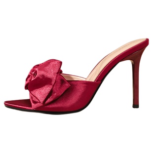 On feet& in love法式蝴蝶结细跟凉拖鞋女绝美一字拖露趾高跟鞋