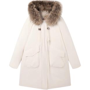 乐町毛领中长款羽绒服女年冬季新款牛角扣保暖加厚大口袋外套*5