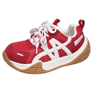 金猴女鞋厚底老爹鞋2025年新款秋冬季圆头增高轻便网面休闲面包鞋