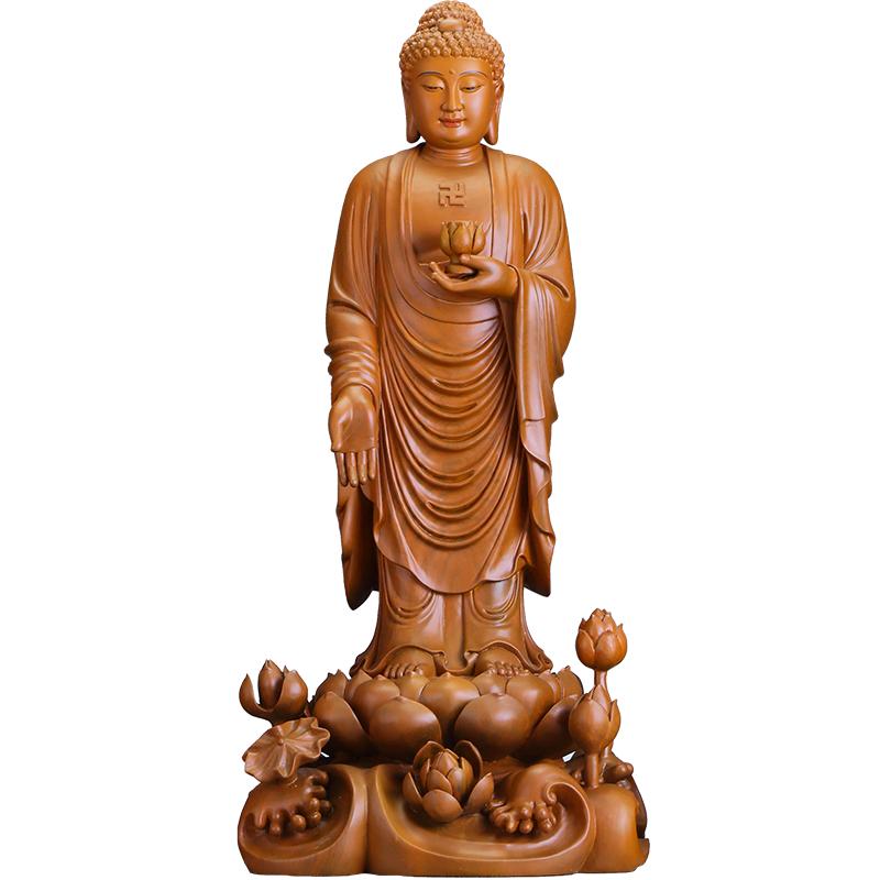 木雕娑婆三圣神像站像释迦牟尼
