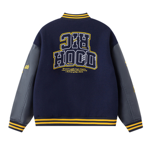 RIC毛巾绣撞色PU皮拼接棒球服男款2025秋季 宽松潮牌情侣夹克外套