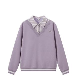 菲妮迪假两件卫衣2025秋新款拼接减龄气质学院风上衣衬衫领女