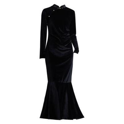 叶央金丝绒复古黑色鱼尾旗袍裙