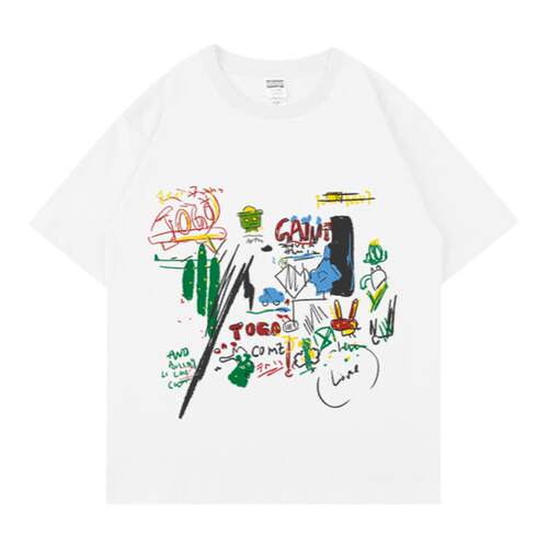high rain 趣味卡通涂鸦印花短袖男女白色简约T恤情侣落肩上衣夏