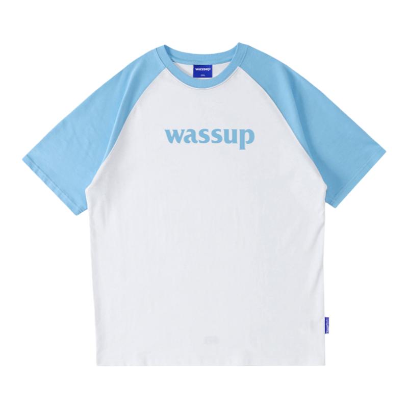 WASSUP蓝白字母插肩短袖T恤男