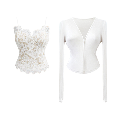 娇娇少女蕾丝吊带开衫针织套装