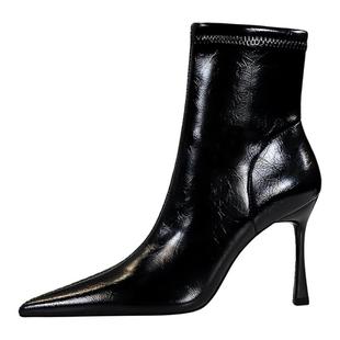 瘦瘦靴女短筒细跟超高跟小皮靴欧美宴会风简约尖头冬季侧拉链短靴