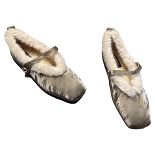 新中式加绒毛毛鞋女冬季新款气质方头百搭配裙子平底大码晚晚单鞋