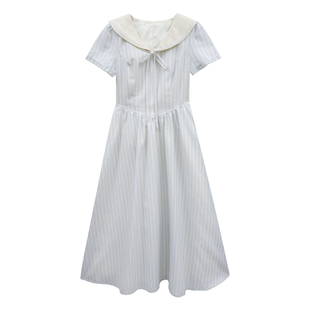 板栗西西【条纹定律】夏日设计时尚收腰显瘦条纹海军领短袖连衣裙