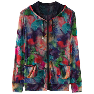 网纱真丝连帽衫女薄款桑蚕丝防晒衣复古妈妈装针织开衫春季短外套