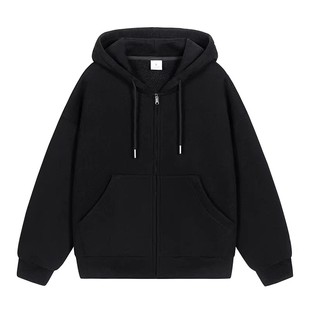 真维斯开衫卫衣男款外套秋冬款加绒加厚夹克运动重磅休闲上衣黑色