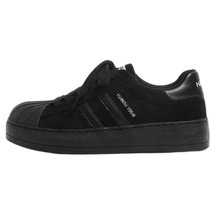 环球黑色厚底滑板鞋女2025新款秋季贝壳头女鞋轻便运动休闲小黑鞋