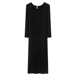 秋季新款韩版纯白修身连衣裙长款纯色U领显瘦简约百搭长袖打底裙