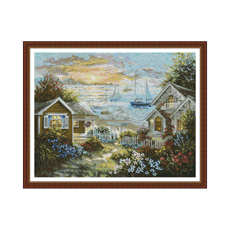 海滨花园小屋十字绣 欧式海景小镇帆船晚霞卧室装饰画 刺绣材料包
