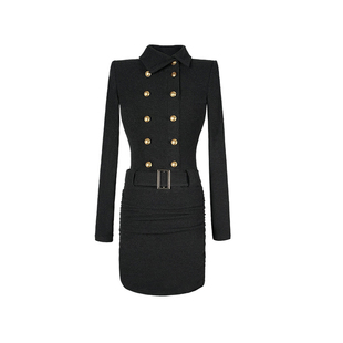 大婷婷 秋冬褶皱显瘦连衣裙双排纽扣长袖配腰带时尚短裙DT1889