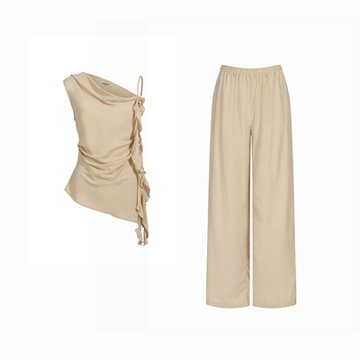 春夏新款玫瑰飘带荡领吊带上衣女直筒休闲裤气质两件套装