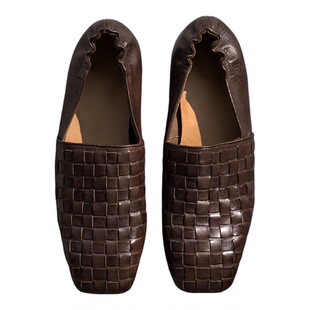 QIYUDUO 重工马皮手工编织便士乐福鞋女深口单鞋一脚蹬平底懒人鞋