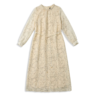 【醋纤混纺】BCBG2026春季新款女气质优雅系带收腰长袖连衣裙长裙