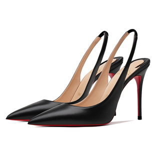 2025新款尖头红底真皮黑色单鞋女名媛百搭细跟后空包头高跟鞋凉鞋