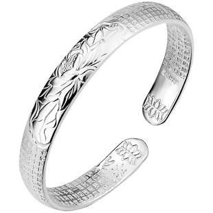 以旧换新心经大悲咒9999纯银镯子莲花 999足银手镯女白银饰送妈妈