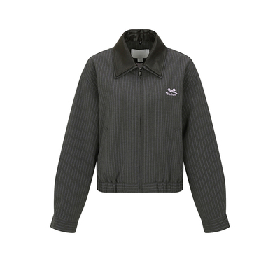 UR&DC2026春季新款休闲都市撞色条纹刺绣拼接短款夹克翻领外套女