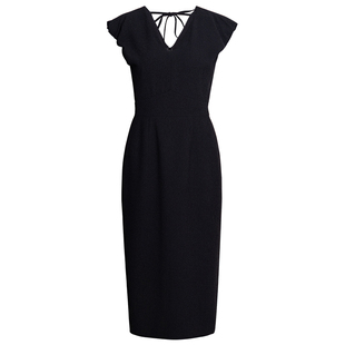 罗衣知性V领飞飞袖黑色修身连衣裙女夏季高级宴会肌理感长裙12470