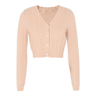 马天奴秋冬女装杏粉色V领短款绞花提花针织开衫小衫毛衫气质时尚
