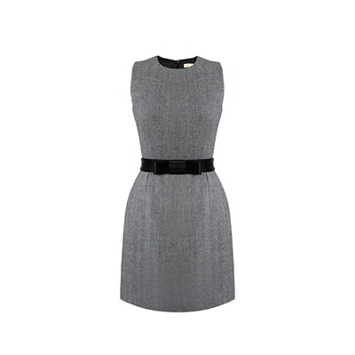 羊毛人字纹肌理醋酸腰带连衣裙