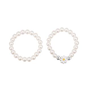 S925银正圆珍珠戒指女小众设计小雏菊叠戴素圈指环弹力绳尾戒简约