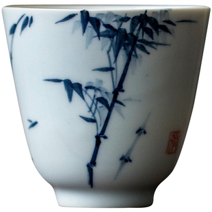 陶怡手绘青花品茗杯陶瓷茶杯闻香杯中式功夫茶具铃铛单杯主人杯