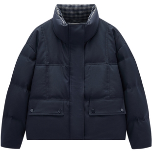 爱居兔藏青色短款羽绒服女2025年冬季新款设计感格纹面包服外套