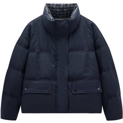 爱居兔藏青色短款羽绒服女2025年冬季新款设计感格纹面包服外套