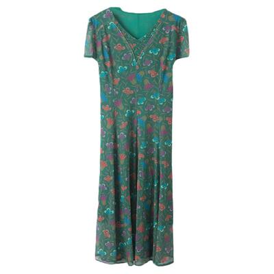 中年短袖碎花真丝透气连衣裙