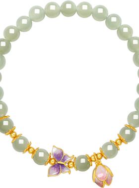 周六福和田玉手串女S925银蝴蝶结手链手饰时尚优雅节日礼物