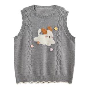 森女部落学院风套头毛衣女2025秋冬小狗刺绣设计感宽松无袖针织衫