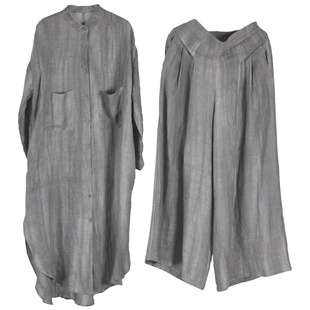 兮风春大码禅意复古亚麻套装过膝加长款宽松怀旧佛系衬衣女阔腿裤
