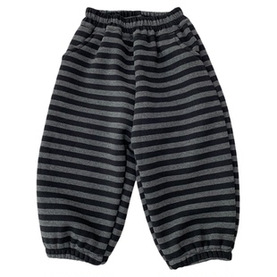 儿童一体加绒裤子秋冬装男童洋气条纹休闲卫裤女童纯棉柔软运动裤