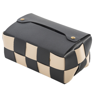 创意黑白棋盘格车载纸巾盒客厅轻奢高档餐桌抽纸盒编织车内纸抽盒