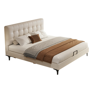 现代简约真皮床意式极简华夫格双人床高箱三抽储物床小户型超薄床