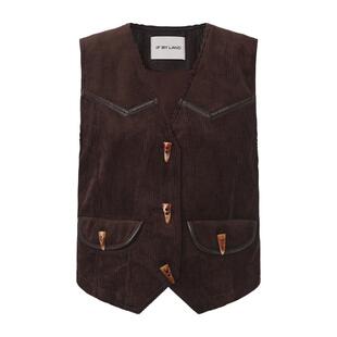 白鹿同款 IF BY LAND 2025年秋季新款咖色复古灯芯绒拼PU皮马甲女