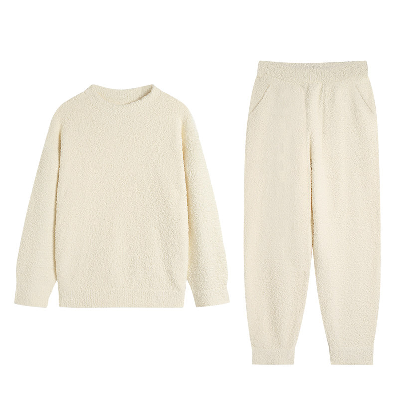 秋冬季素色半边绒情侣家居服套装