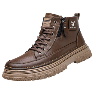 花花公子马丁靴男款真皮冬季加绒保暖休闲棉鞋百搭工装中帮男靴子