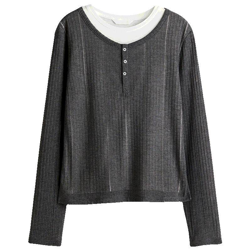 HM女装T恤春季圆领修身气质休闲双层长袖打底上衣1281863